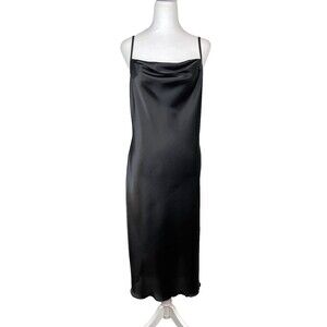 Bebe Y2K Satin Slip Midi Dress Black Cowl Neck Spaghetti Straps M Early 2000 USA